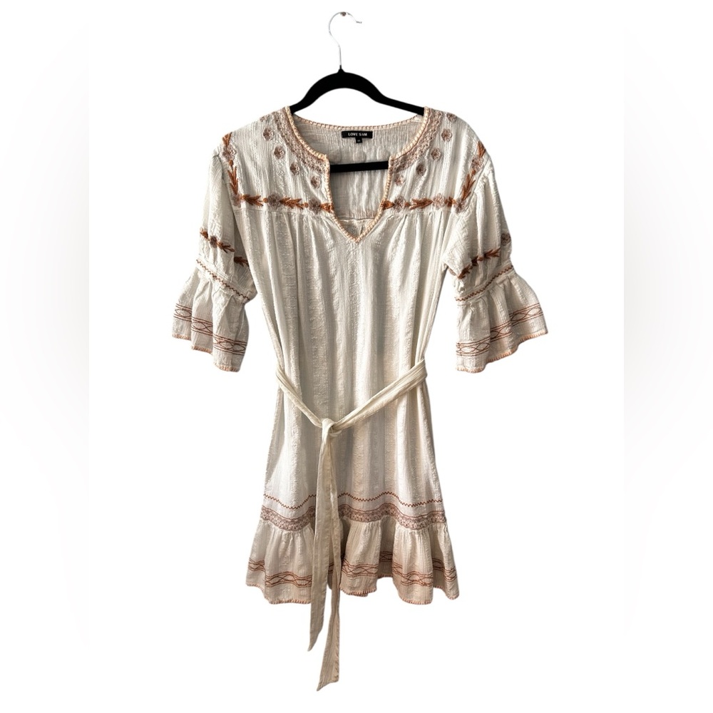 Love Sam Anthropologie White Embroidered Mini Dress Bell Sleeve Tie Waist Medium
